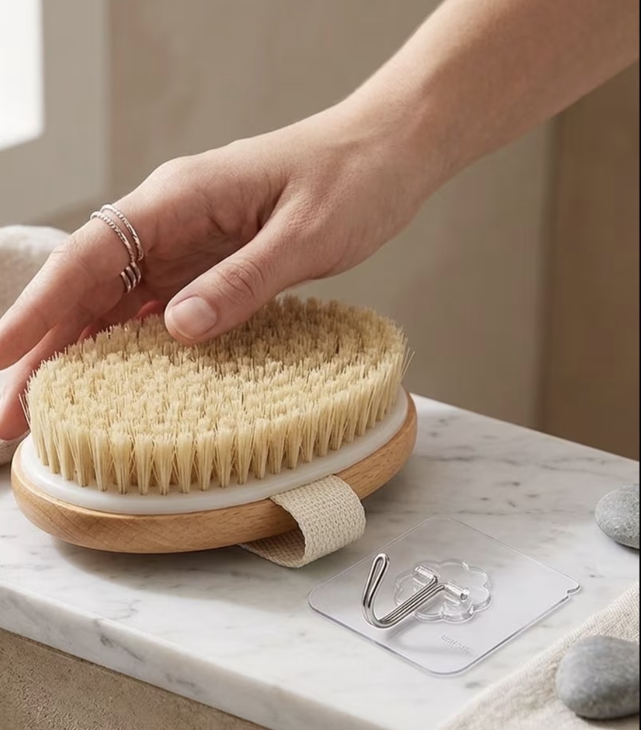 Wooden dry body brush with natural bristles